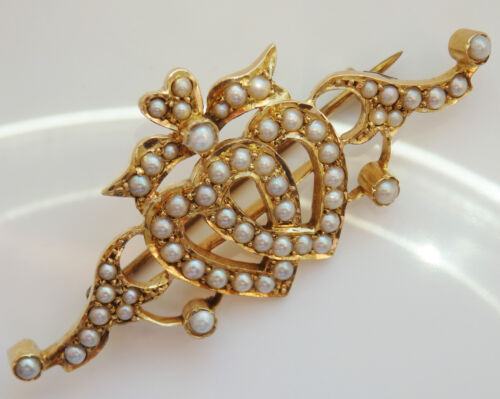 Stunning Victorian Romantic 15ct Gold Pearl set 'Entwined Hearts' Brooch c1885 - Zdjęcie 1 z 6