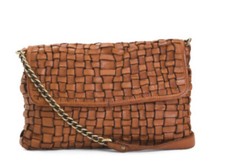 Marta Ponti Portugal Woven Cognac Leather Chain Link Shoulder Flap Bag