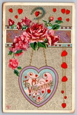 Antique To My Valentine Postcard Hearts Red Roses Purple Horseshoe Arrow 1912 J2