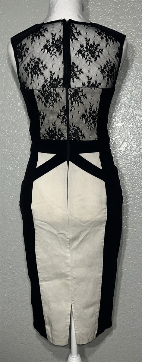 paper dolls midi lace dress with scalloped back Paper Dolls Midi Dress Cream And Black Lace Accents Zip Up Stretch Women's  Sz 6