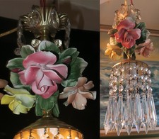 1 lampadario tole porcellana Capodimonte ottone rosa Swag plugin lampada vintage