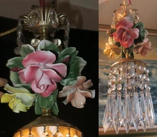 1 Porcelain Capodimonte Beaded Rose Brass chandelier Swag vintage lamp crystal