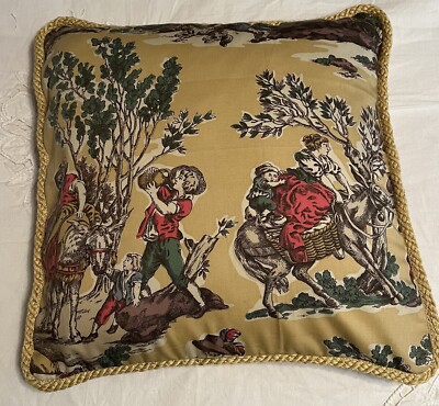 French Country Cottage Pillow Farmhouse Yellow Red Green Brown Toile