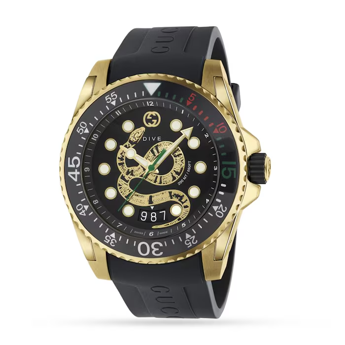 GUCCI Halcyon Days 置時計 NEW Genuine GUCCI Dive 45mm Gold King Snake Rubber Strap Men's