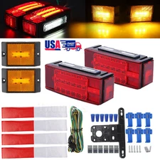 Left+Right LED Submersible Trailer Boat Rectangle Stud Stop Turn Tail Lights Kit