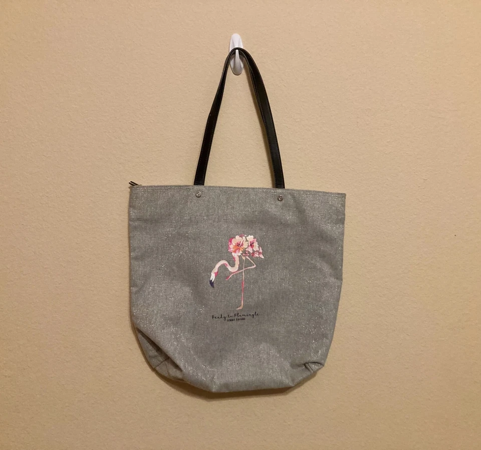 Tommy Bahama Silver Tote Bag Purse Pink Flamingo Ready to Flamingle Zip Closure - Image 3 of 4