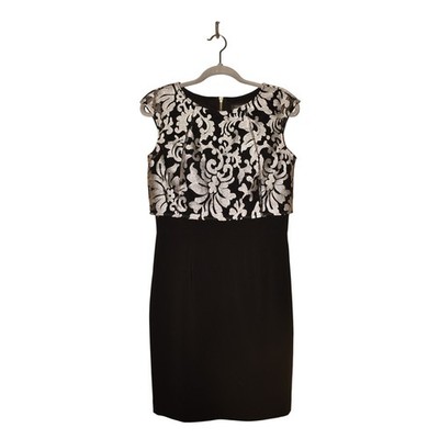 TAHARI ASL $189 Black Silver Brocade Cap Sleeve Sheath Dress Size