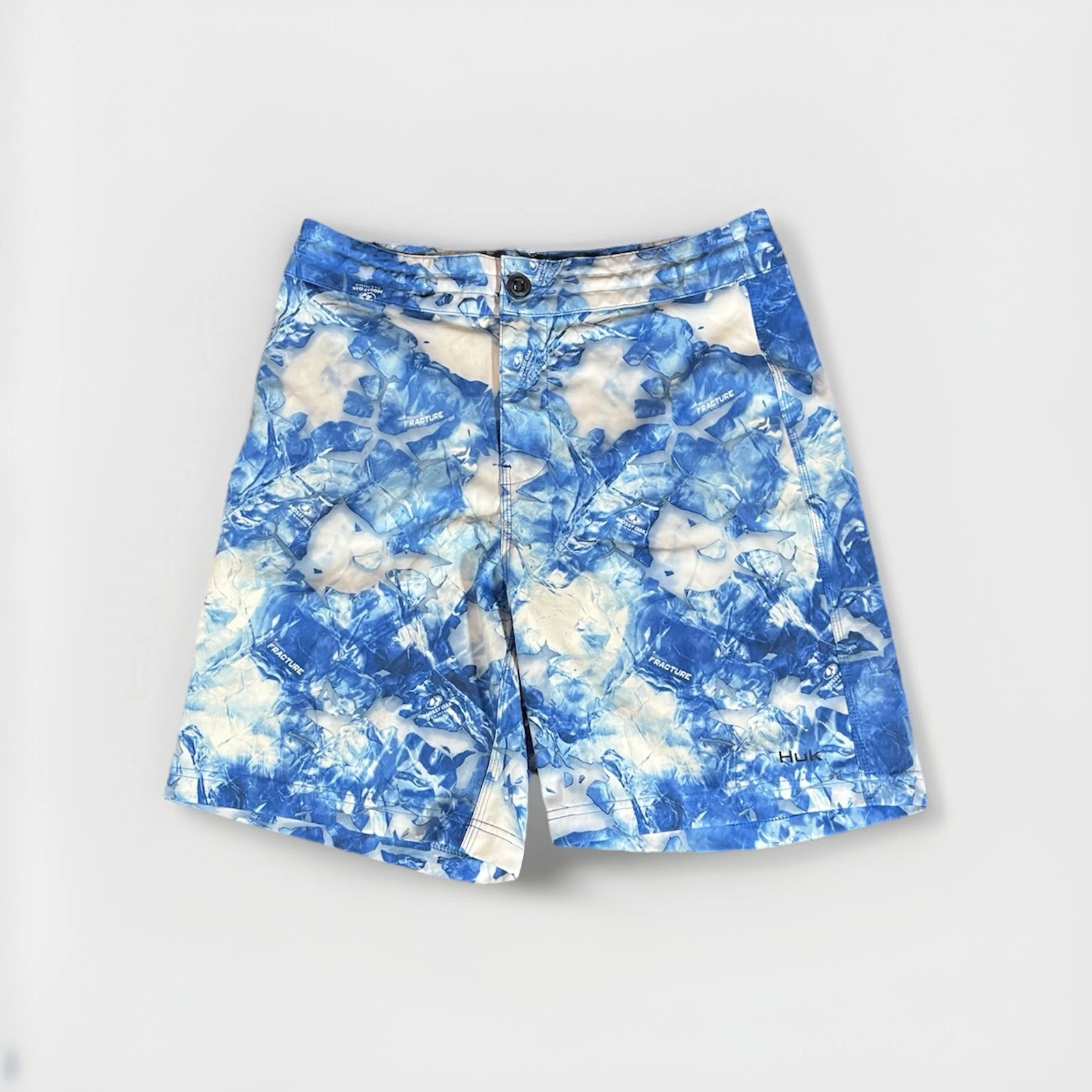 Huk Shorts Mens 30 Blue Camo Mossy Oak Drawstring Beach Fishing Performance