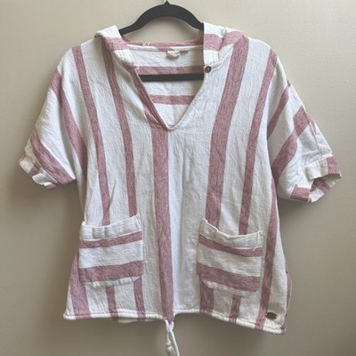 Roxy Wild & Free Poncho Baja Hoodie Short Sleeve Red White Striped Crop Top XS