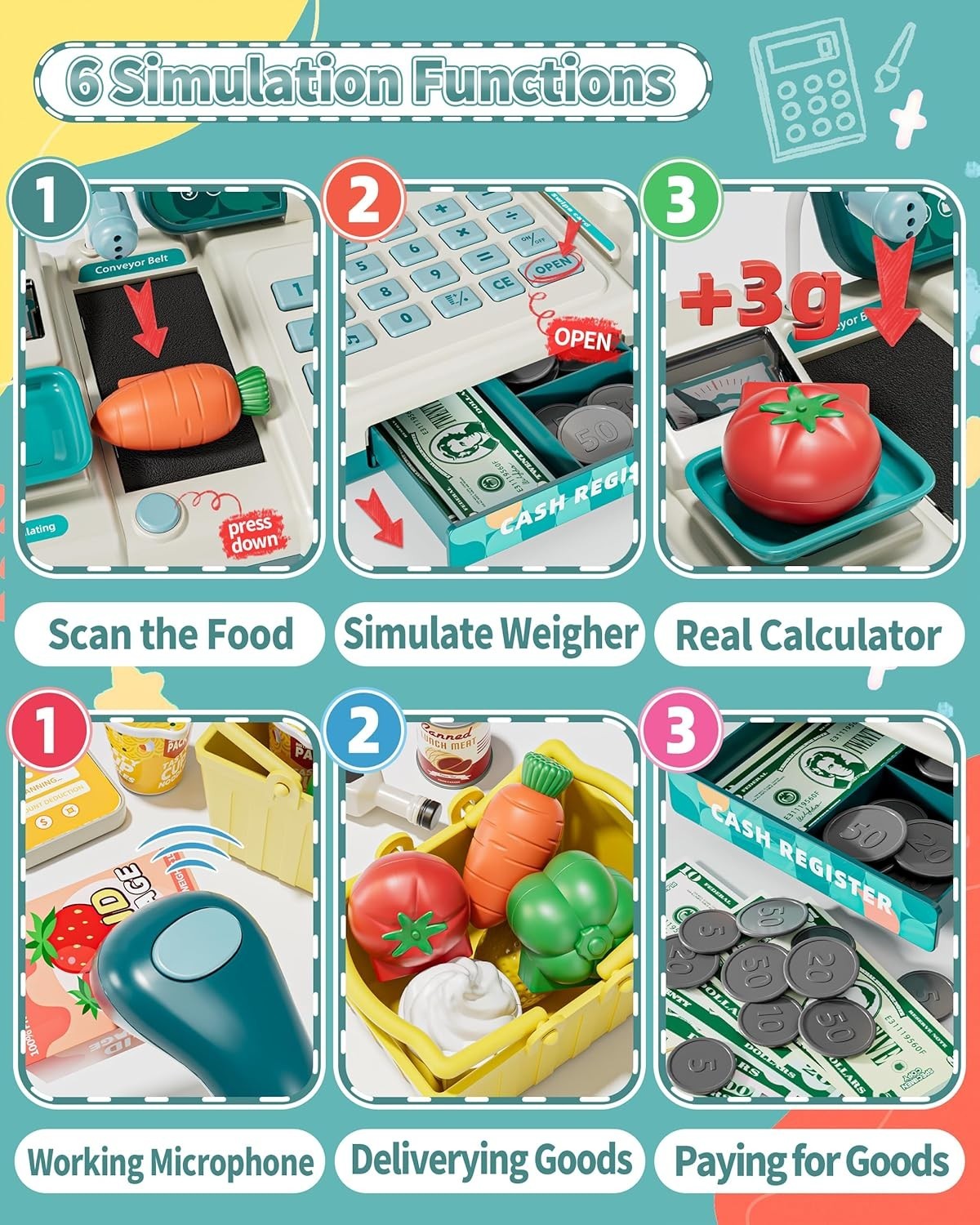 как выглядит Pretend Cash Register Toy for Kids, Play Cash Register with Real Calculator, Sca фото