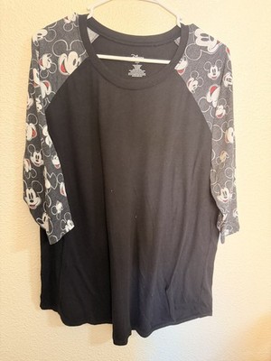 Disney Mickey Mouse Floral Raglan T-Shirt Black Short Sleeve Womens L