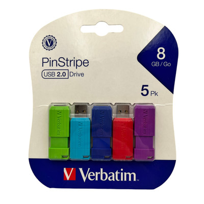 Verbatim PinStripe 8GB USB 2.0 Flash Drive Multicolor 5-Pack New Sealed