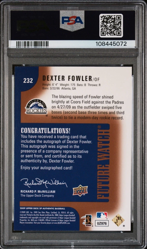 Auténtico cobre SP 2009 #232 Dexter Fowler novato/50 auténtico Auto PSA 10 POP 1! Foto 2 de 3