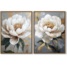 QTESPEII Elegant Flowers Wall Art White Gold Peony Canvas Prints Picture Abst...