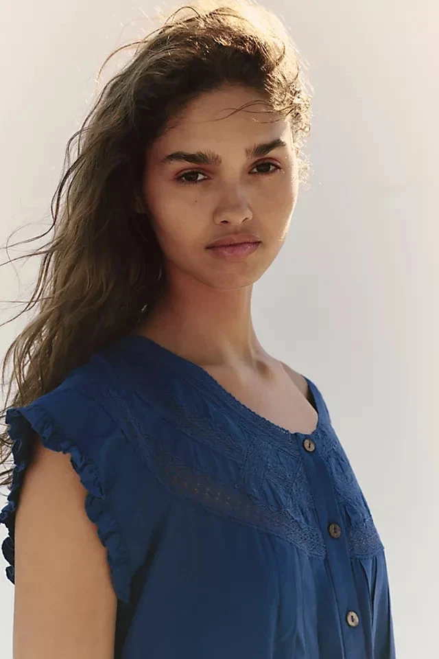 Vestido Free People Aster Midi Buttondown Encaje Volantes Azul Marino Plisado Manga Corta M Foto 2 de 4