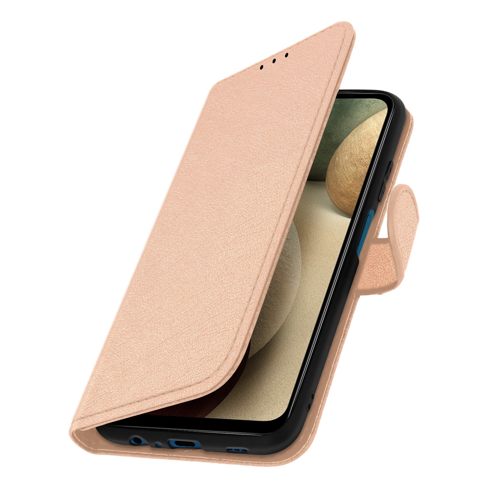 Housse Galaxy A12 or rose aux finitions soignées avec support