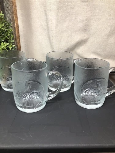 Set of 4 Vintage Coca Cola Frosted & Embossed Glass Mug Cup | 12 oz