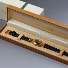 Near MINT GUCCI Horsebit 6300L Black Dial Gold GP Quartz 22mm Ladies Watch w/Box