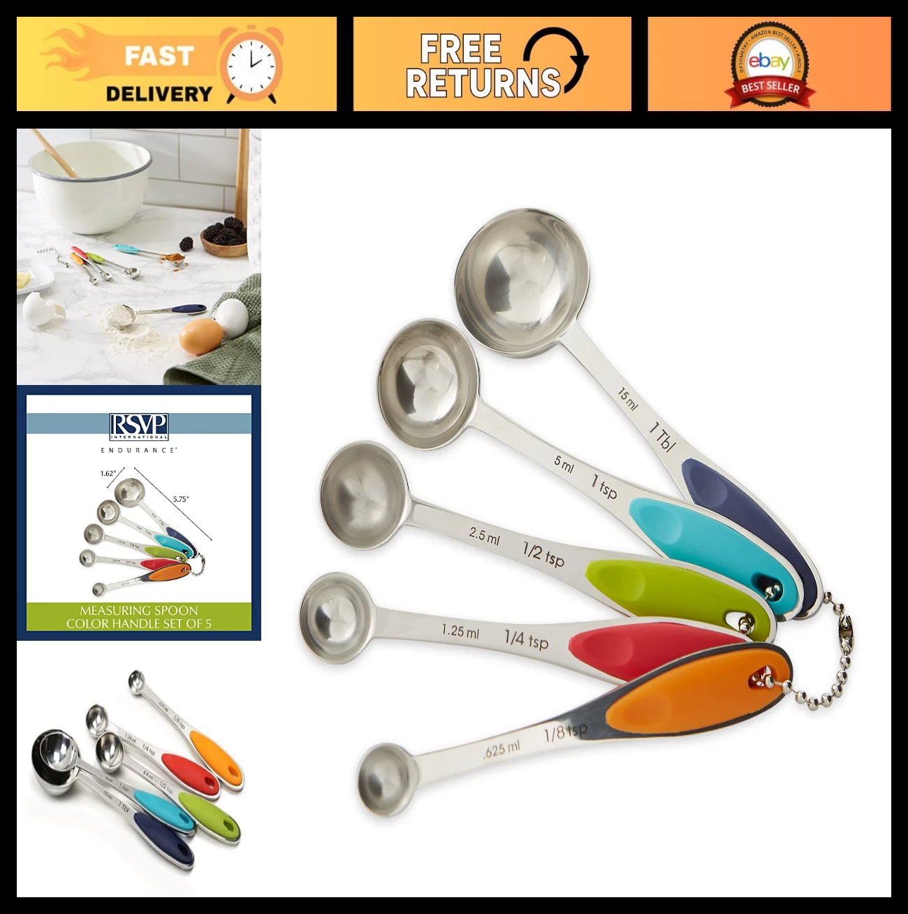 5-Piece Stainless Steel Measuring Tools Set, Dishwasher Safe, Colorful Handles