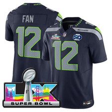 Maglia Uomo Seahawks #12 FAN Navy Super Bowl LX Patch Cucita
