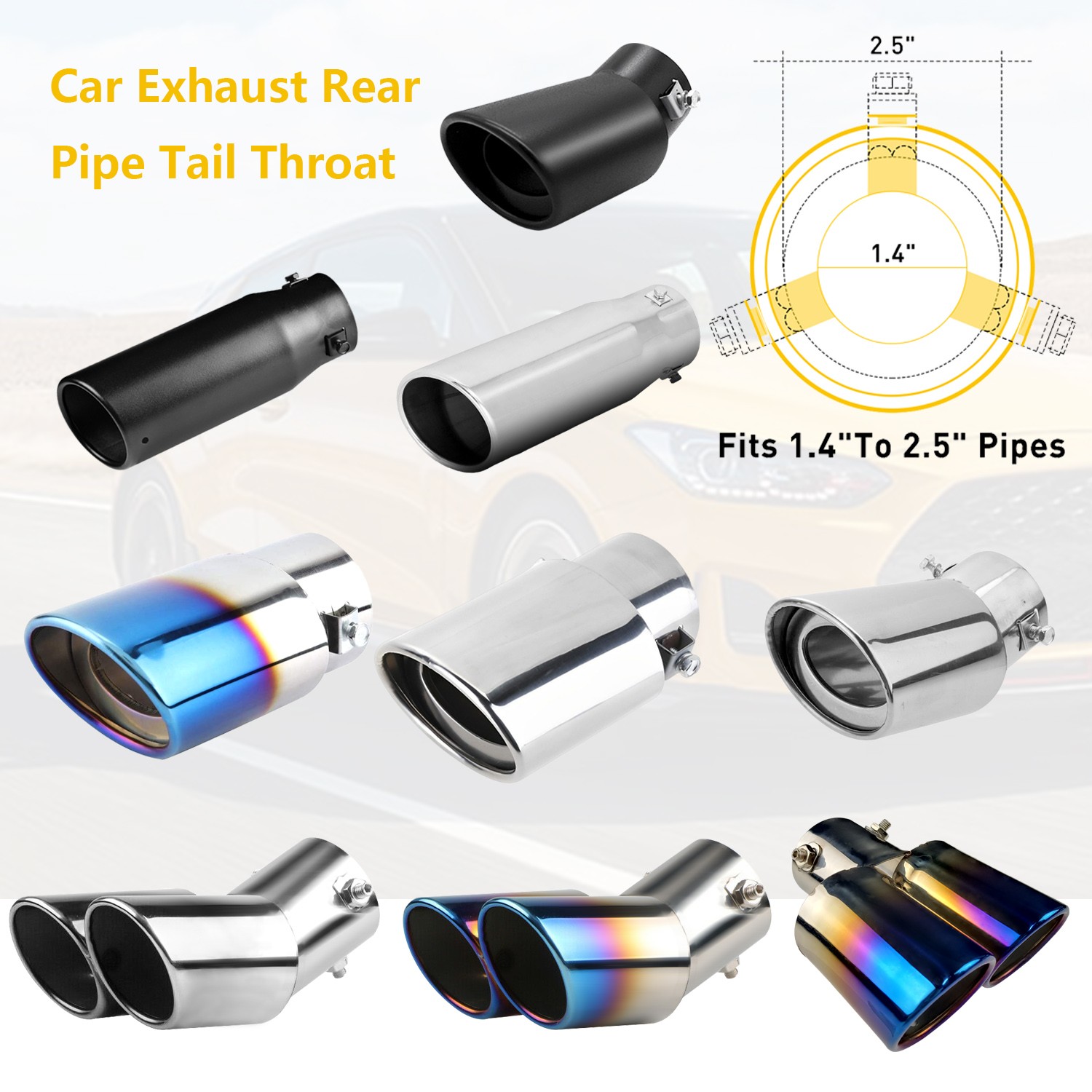 Car Exhaust Pipe Tip Rear Tail Throat Muffler Stainless Steel Auto ...