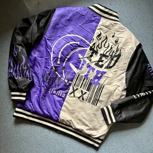 Rue21 Y2K Graphic Streetwear Black Purple Varsity Bomber Jacket Colorblock Sz M - product listing photo