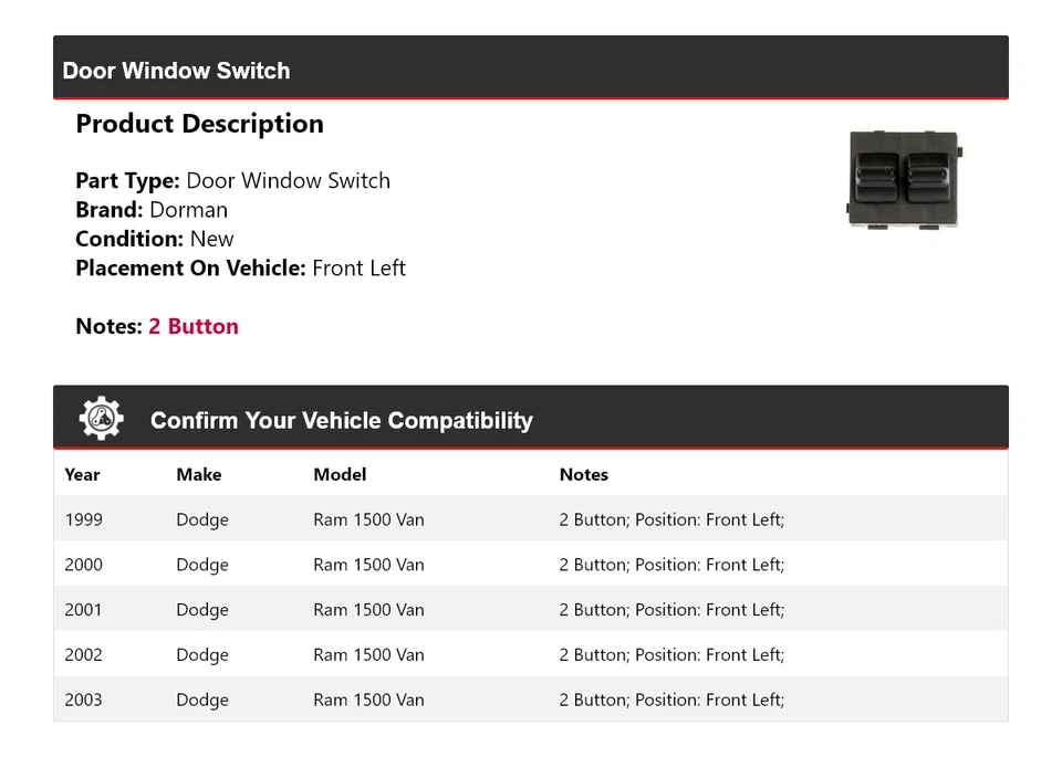 Interruptor de ventana de puerta delantera izquierda para Dodge Ram 1500 Van Dorman 1999-2003 2000 2001 Foto 2 de 4