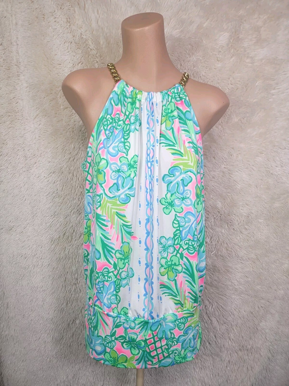 Lilly Pulitzer Bowen Halter Top Size M Resort White Gold Chain Floral Stretch W