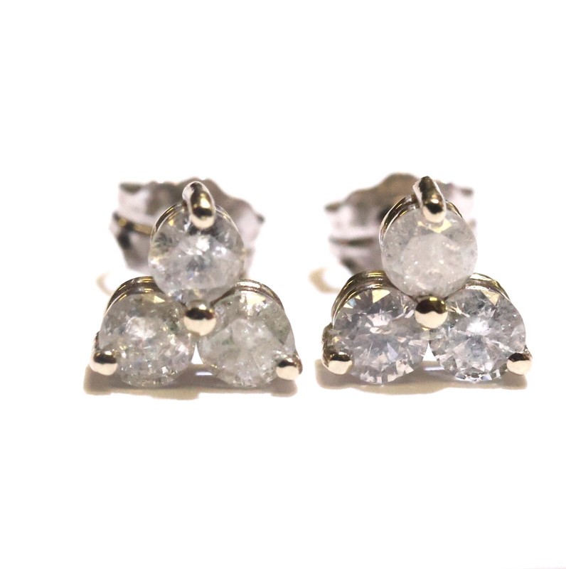 New 14k white gold .79ct I3 G 3 STONE clover trio diamond stud earrings natural