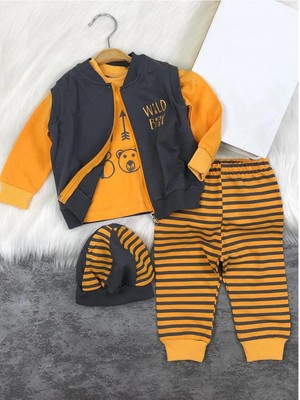 Jungen Outfit, 4-teiliges Set, Pulli+Hose+Weste+Mütze, blau, orange, Größe 68-86