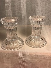 Clear Glass Candle Stick Holders, Pair 2 Decorative Collectible Matching Ridges