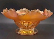 Vintage  Grape And Vine Leaf Carnival Glass pedestal Bowl Bon Bon Dish 8"
