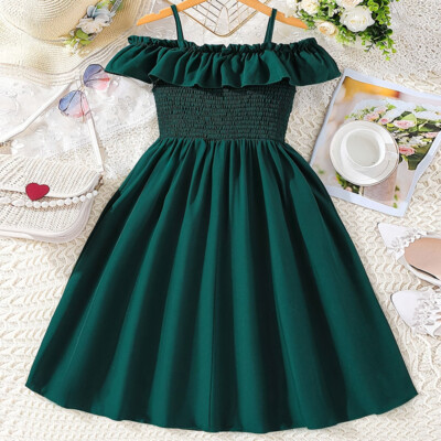 Girls Skater Dress Kids Plain Color Summer Party Off Shoulder Dresses 8-11  Y | eBay