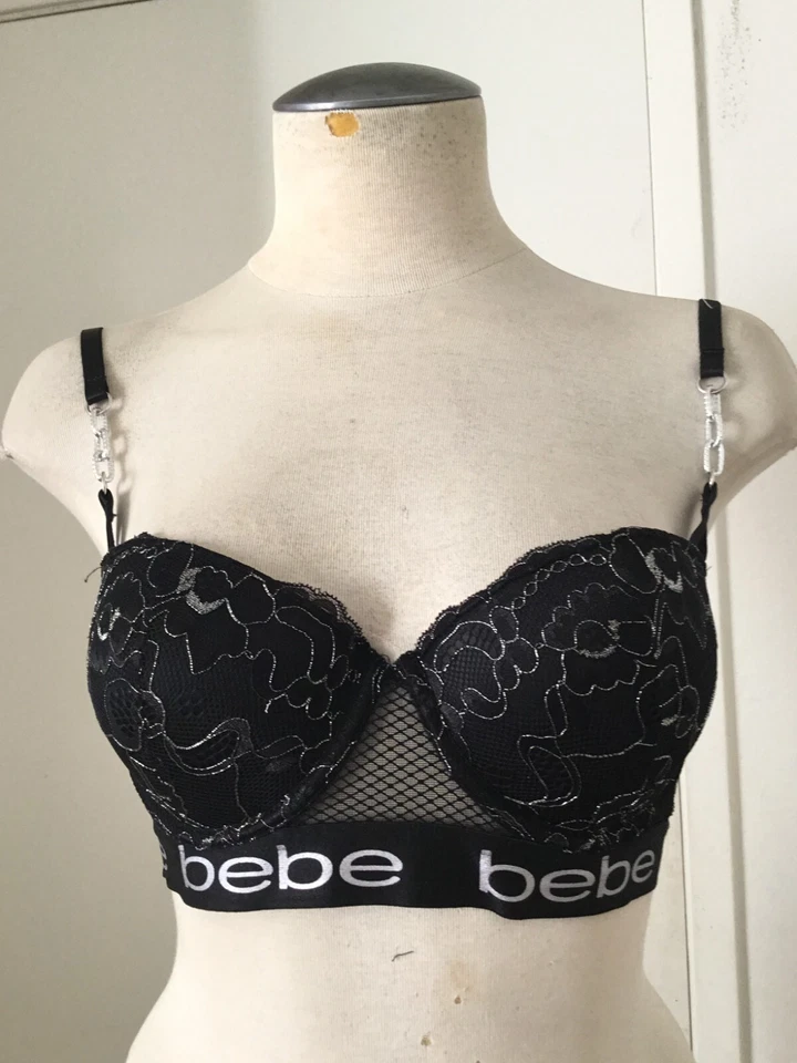 BEBE  Intimate Push up Brass Silver Metallic Lace  Bra Logo Chains  Blk 36B - Image 3 of 4