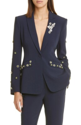 Cinq à Sept Women's Navy Blue Cheyenne Crystal Rhinestone Flower Blazer Size 4