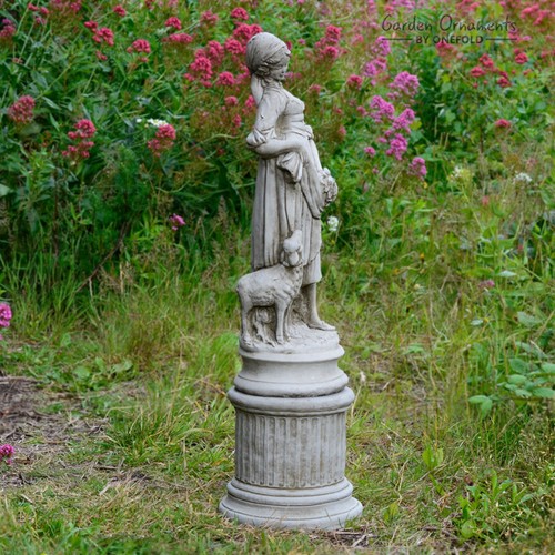 SHEPHERDESS GARDEN STATUE ON COLUMN DETAILED HAND CAST STONE GARDEN