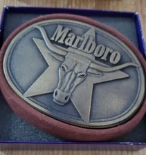Vintage 1987 Marlboro Belt Buckle Philip Morris Longhorn Steer Star New In Box.