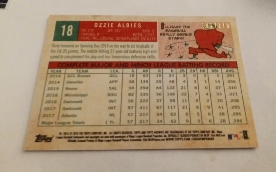 2018 OZZIE ALBIES Topps Archives 1959 Design Purple (141/175) #18 Rookie RC MINT - Image 2 of 2