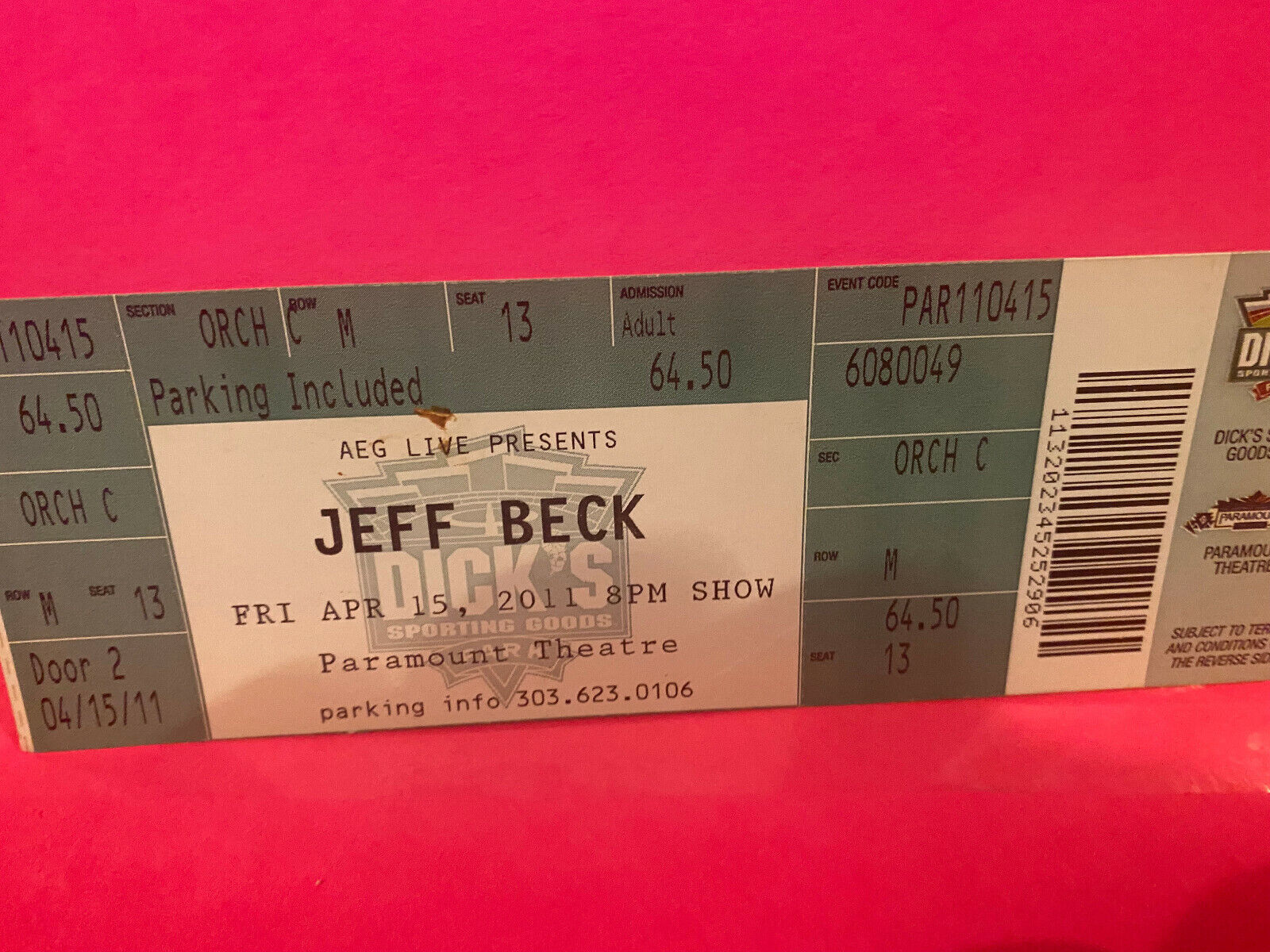Jeff Beck Concert Ticket Stub 4-25-2011 Paramount Theatre