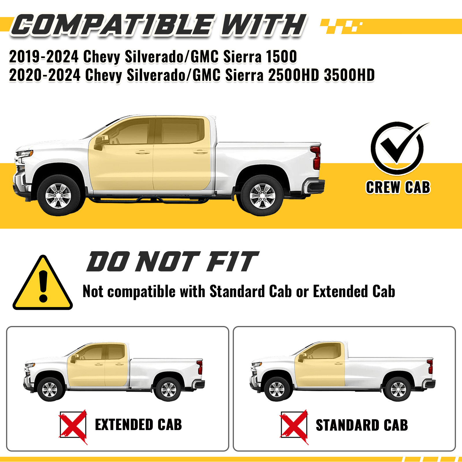 Running Boards FIT 2019-2025 Chevy Silverado 1500 Crew Cab 3Tube Drop Down Step