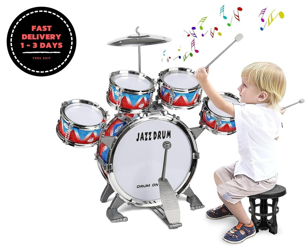 Batería Infantil Con Taburete | Juguete Musical De 54 Cm Para Niños De 2 A 5 Años | Fácil Montaje En 10 Minutos | Color Azul