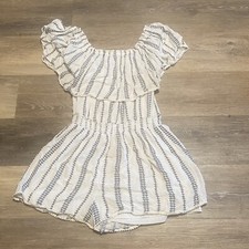 Lulus See Ya There Romper Womens Sz Small Off Shoulder White Blue Boho Festival