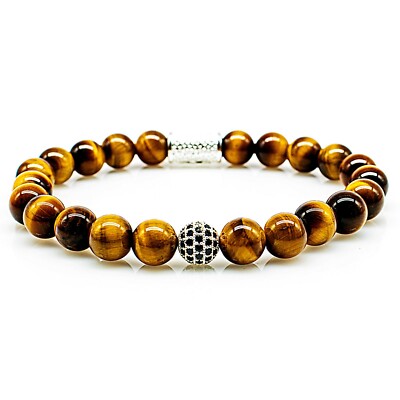 Tiger Eye 925 Sterling Silver Bracelet Bracelet Beaded Bracelet Ball CZ Grade A+