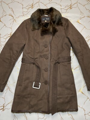 ARMANI JEANS Faux Fur Belted Button Up Coat Trench Brown Size US4 EU40