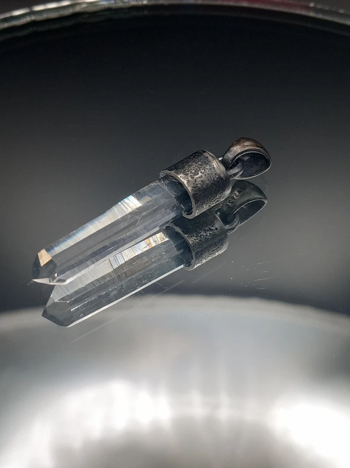 Lemurian Crystal Point Necklace, Textured Oxidized Silver Setting Quartz - Image 2 of 4