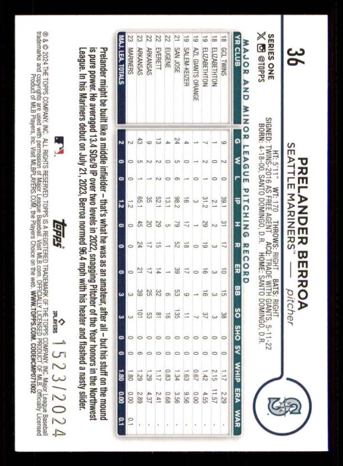 2024 Topps Gold #36 Prelander Berroa /2024 - Image 2 of 2