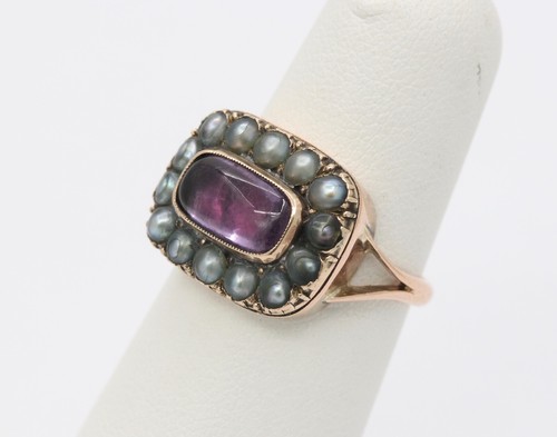 Victorian Closed Back Garnet and Split Pearl 10K Gold Mourning Ring - Picture 3 of 9