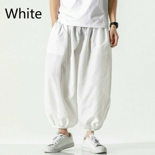 Uomo Lino Ritagliata Pantaloni Harem Stile Larghi Caviglia Lunghezza Boho |  eBay