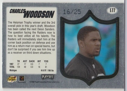 1998 PLAYOFF ABSOLUTE CHARLES WOODSON GOLD ROOKIE RC 16/25 #177 - Image 2 of 2