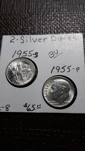 2  Silver Dimes BU Luster  1955-S / 1955  Roosevelt    Lot A-8